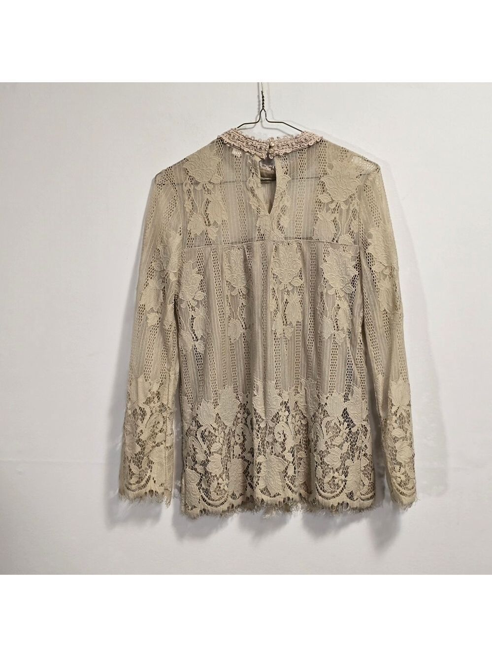 Ultra Pink Lace Long Sleeves Blouse in Cream - Picture 7 of 9